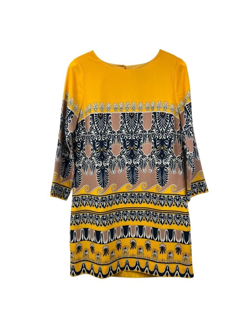J.Crew Womens Shift Dress Yellow Black Silk Jules Scroll Print Long Sleeve 4